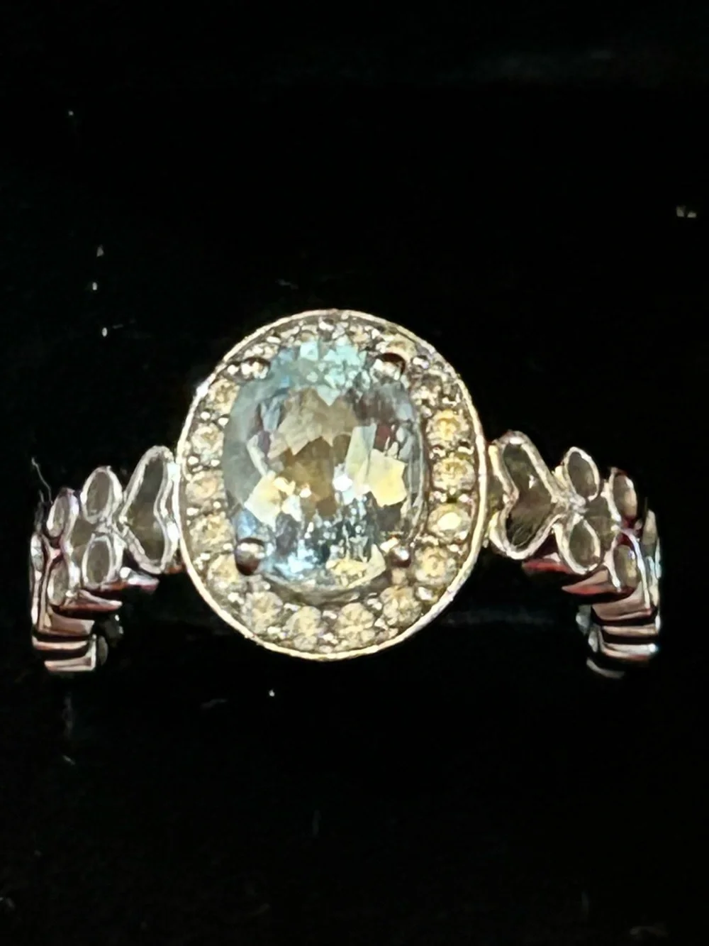 1.35CT Oval Aquamarine & .40CT White Zircon Openwork Heart Design Ring Size 9 SS
